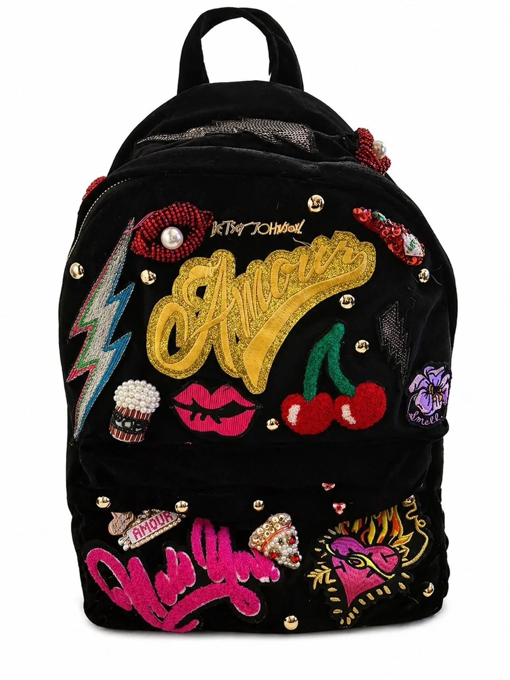 Betsy Johnson Baby’s Got Back Embellished Embroidered Black Velvet Backpack - Picture 2 of 11